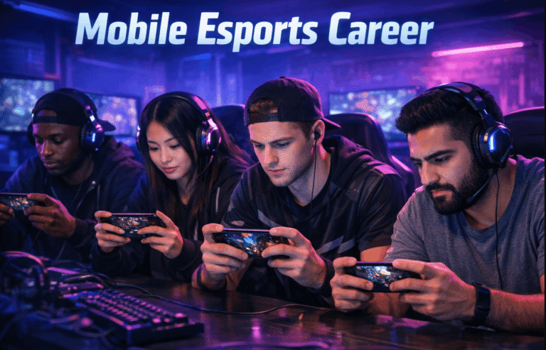 “Mobile Esports Career” with a team of mobile gamers in a neon bootcamp setting